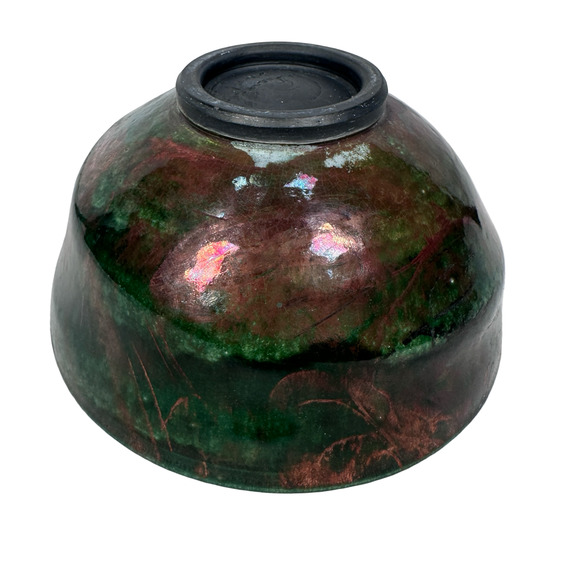 Susan Wertheimer David Raku Pottery Bowl Green with Metallic Highlights 6" - Picture 6 of 11